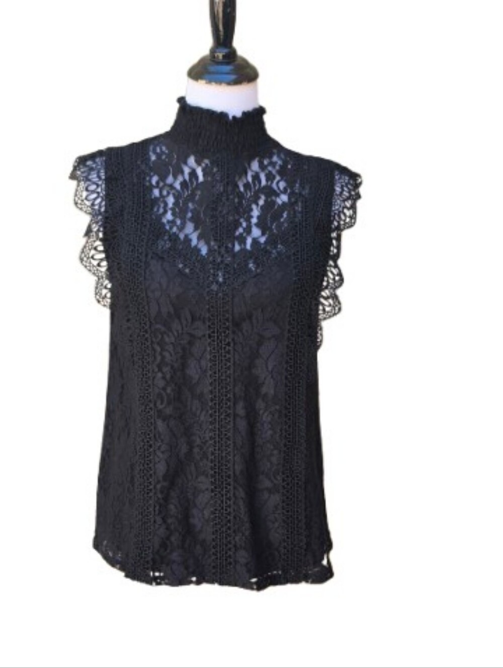 Cable & Gauge Black Lace Blouse Smocked Mockneck Illusion Neck Cap Sleeves